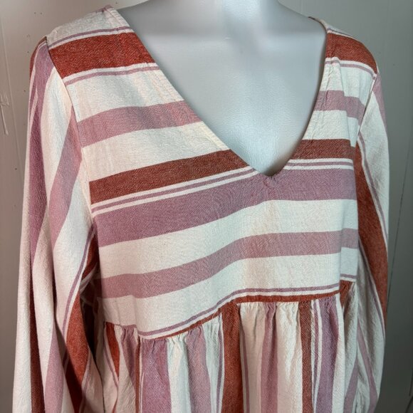 American Eagle Babydoll Tunic Top Large White Pink Striped V-Neck Cotton Blend - Picture 3 of 9